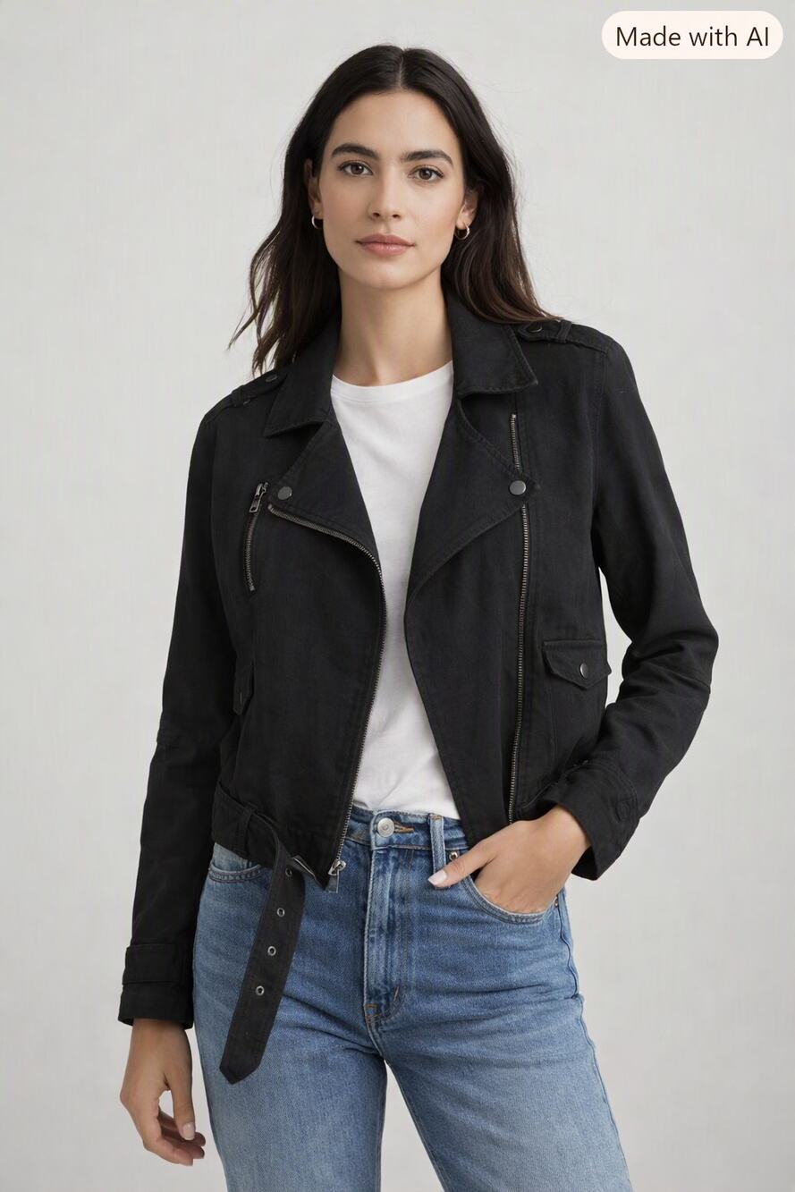 Paige Cotton Linen Blend Moto Jacket Black Size Large Belt Waist